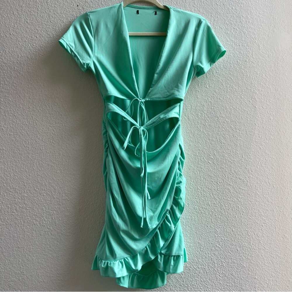 Mint mini dress with tie top and gathered skirt detail Size M